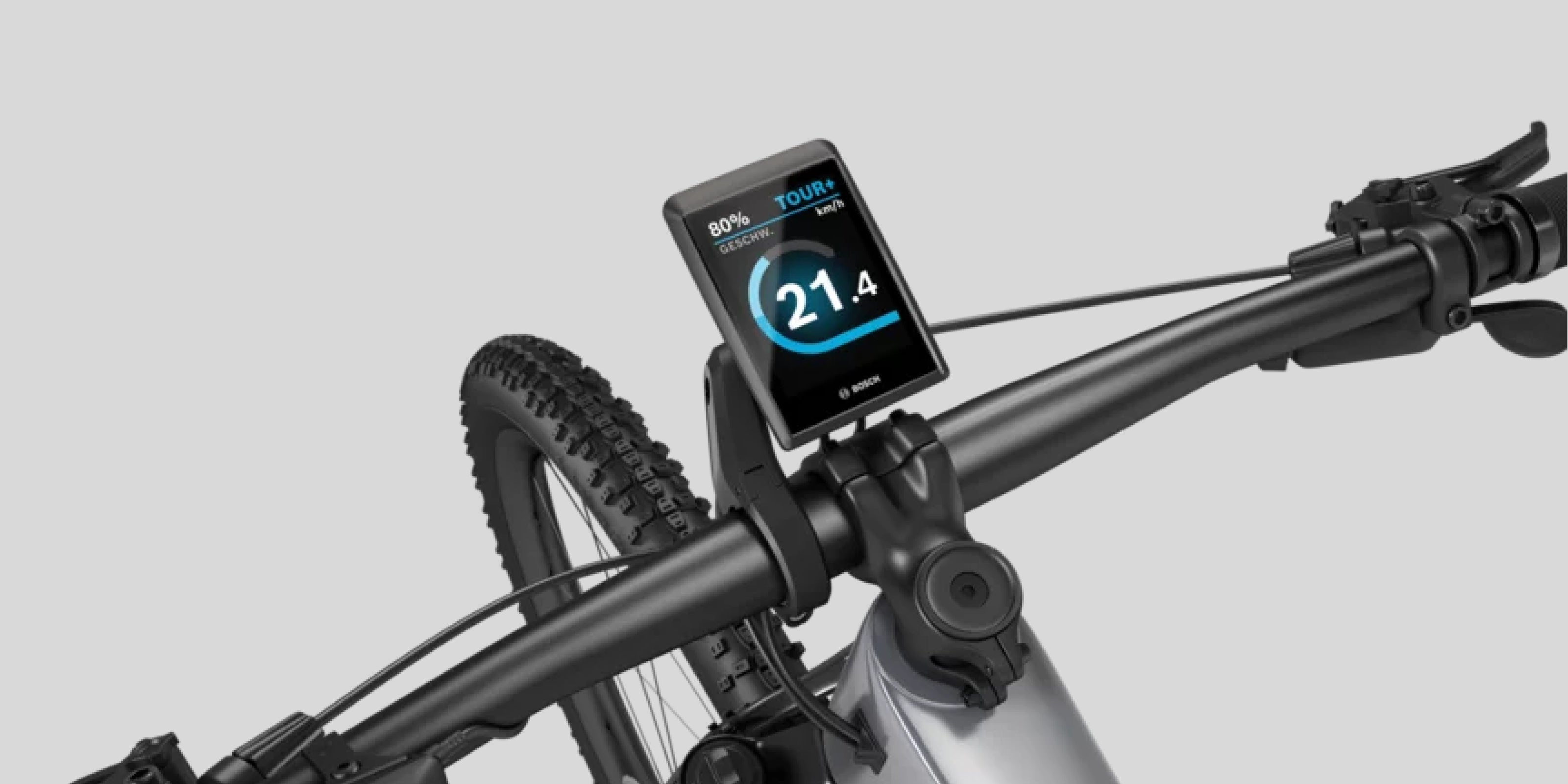 Nahaufnahme vom Lenker eines E-Bikes mit dem Display Bosch Kiox 500.